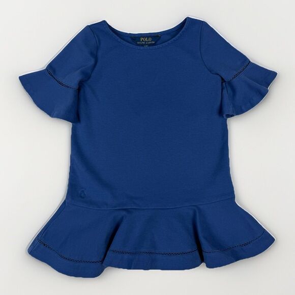 Polo Ralph Lauren Girls 4T Blue Flutter Sleeve Peplum Top Cotton Blend Logo - Picture 1 of 9